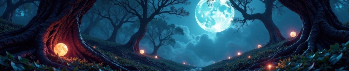 Obraz premium Eerie moonlit garden with glowing orbs and twisted vines, macabre, garden, moonlight