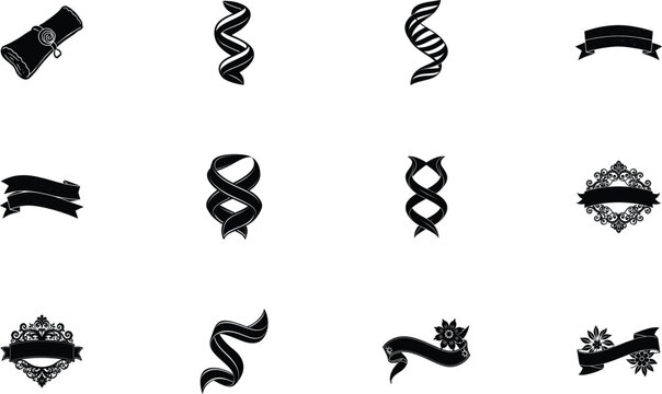Elegant Black and White Ribbon, Scroll, and DNA Icons