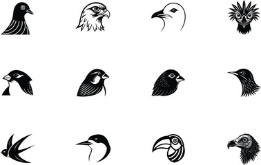 Twelve Bird Head Silhouettes Pigeon, Eagle, Seagull, Owl, Designs