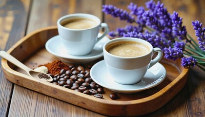 Cozy coffee scene with white cups, spices, and fresh lavender accents