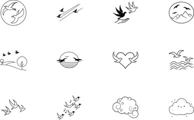 Minimalist Bird Icons Flight, Nature, Freedom, Sky, Design Elements