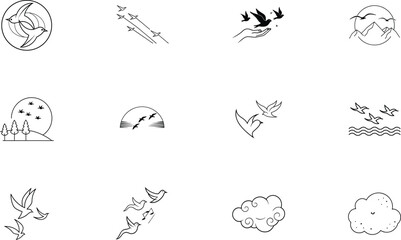 Minimalist Bird Icons Flight, Nature, Freedom, Sky, Line Art