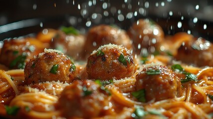 Pasta with meatballs, sprinkled parmesan, cooking in pan