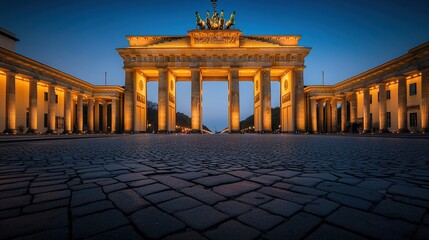 Obraz premium Illuminated Brandenburg Gate at twilight, cobblestone street.