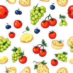 various fruits and vegetables, including grapes, tomatoes, blueberries, apples, and cheese, arranged in a visually appealing and colorful manner.
