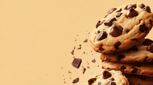 National Chocolate Chip Day, banner design with dark to light brown gradient, stack of chocolate chip cookies with a few chocolate flakes on top in the left corner - Powered by Adobe
