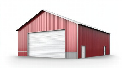 Fototapeta premium Red Metal Barn: A robust red metal barn, featuring a large roll-up door and a smaller side door, stands against a clean background. Its design combines practicality and a modern aesthetic.