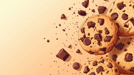 National Chocolate Chip Day, banner with light brown to golden color gradient, illustration of warm chocolate chip cookies with melted chocolate pieces on the left side