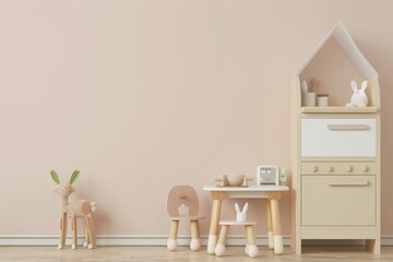 A pink and beige children s playroom with a toy kitchen. chairs. and a deer and bunny figurine There is a large blank wall. perfect for adding a mural. art. or decor