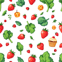 a variety of fruits and vegetables, including strawberries, apples, oranges, and broccoli, arranged in a visually appealing and colorful manner.