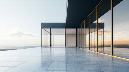 Obraz premium Modern Terrace with City View: A contemporary terrace, featuring sleek glass walls reflecting the cityscape, offers a panoramic view of the horizon, sky, and ocean.