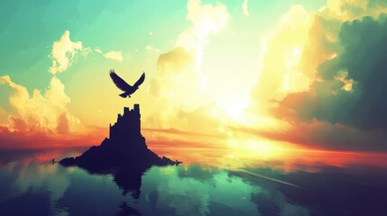 Majestic Castle on a Rocky Island Under Vibrant Sunrise Sky