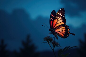 Elegant butterfly silhouette against dark blue sky, atmospheric, black and white, butterfly