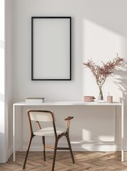 A minimalist home office with a white desk. chair. and a black framed picture