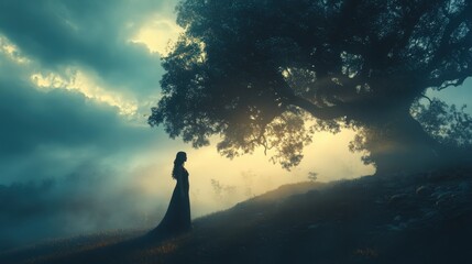 Fototapeta premium Mysterious silhouette of a woman standing under an ancient tree at dusk with ethereal light illuminating the scene