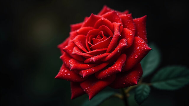 Red rose with dew drops on petals