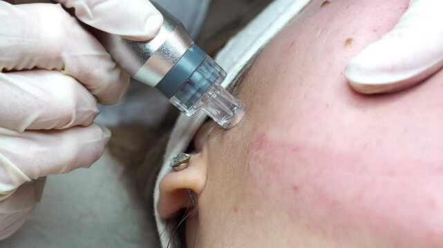 Young woman receiving hydra facial treatment for exfoliation, rejuvenation and hydration of her face skin. Modern facial hydro micro dermal abrasion peeling beauty procedure. Hydra vacuum cleaner. 