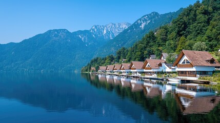 Naklejka premium Lakeside chalet reflections, alpine scenery, tranquil scene