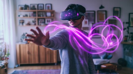 young man wearing VR glasses and holding game controllers in his hands