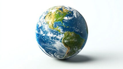 Fototapeta premium A realistic 3D Earth model showing North and South America continents, precise landmass and ocean details, white background, concept of global geography, photorealistic rendering