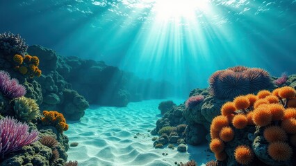 Sunlit underwater view of a sloping coral reef affected by bleaching with damaged coral colonies	