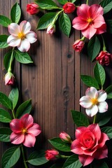 Obraz premium Elegant floral and leaf arrangement on a wooden background , botanical, leaves, flowers