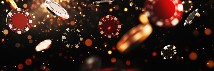 Obraz premium Colorful casino chips fall through the air against a sparkling background creating an exciting atmosphere of chance and luck