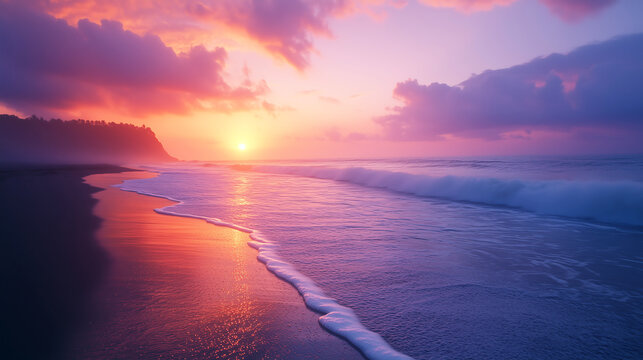 Stunning Beach Sunset with Ocean Waves – Perfect for Travel Blogs and Wallpapers, travel websites, nature photography, desktop wallpapers, tourism promotions, social media posts,