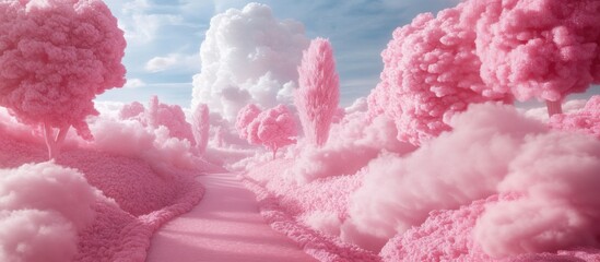 Dreamlike landscape with pink fluffy trees lining a soft pathway under a bright sky