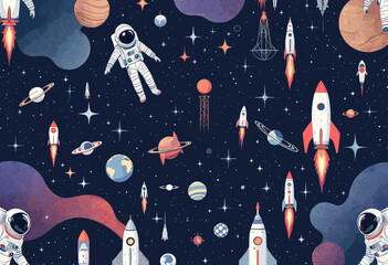 a space theme with planets, stars, and spaceships, including an astronaut, a rocket ship, and a satellite.