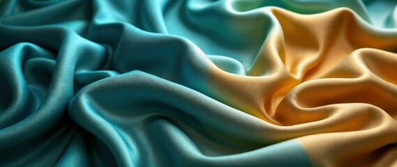 Fototapeta premium Draped satin fabric in vibrant teal and gold, silky texture with fluid curves, high-quality sheen highlighting intricate folds, detailed abstract textile design, opulent and refined aesthetic