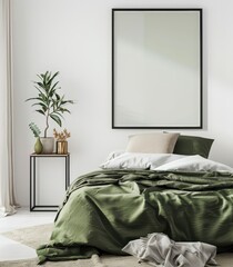 Minimalist bedroom with a green duvet. a black framed poster. and a small side table with a potted plant