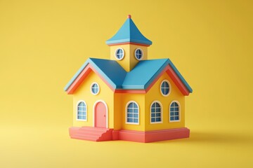 A colorful illustration of a yellow house with blue roof and walls