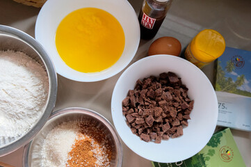 Close-up of ingredients for making chocolate cookies. Homemade baking.