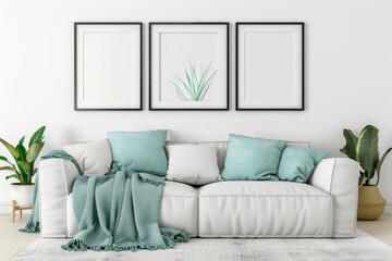 A white couch with blue throw blanket and pillows in a minimalist living room with framed artwork
