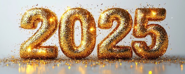 Golden glitter 2025 numbers situated in an urban street setting