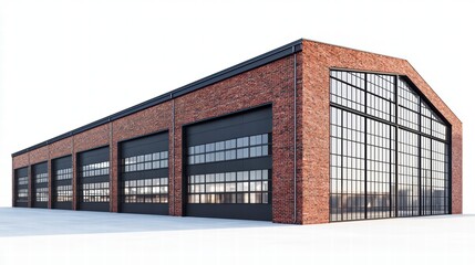 Obraz premium Industrial Building: Modern architectural design showcases a spacious building with a brick facade, large glass windows, and overhead garage doors, embodying functionality and contemporary aesthetics.