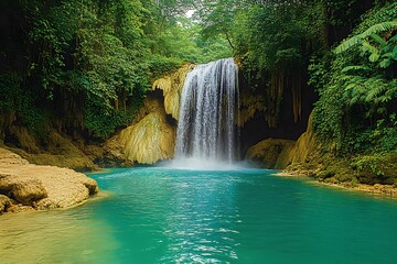 Serene waterfall cascading into a turquoise pool surrounded by lush green forest and rocks