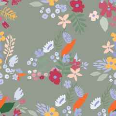A seamless floral pattern featuring blooms and leaves botanical background. Flower vector art good for wrapping paper, textile print, fabric