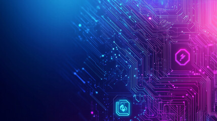 National Technology Day, banner with electric blue to neon purple gradient, futuristic electronic circuit illustration with AI symbol