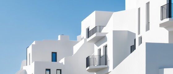 Modern white architecture against a clear blue sky showcasing contemporary design, residential buildings, urban living, and minimalist aesthetics.