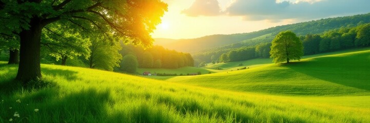 Lush green meadows and trees bathed in warm sunlight, verdant, landscape