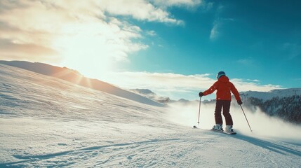 Skier Descending Snowy Mountain at Sunset with Clouds