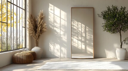 A standing full length mirror reflecting a neutral gray monochrome and minimalist interior design 