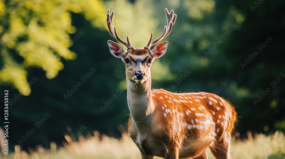 Poster majestic deer stands proud in a lush green meadow during a warm afternoon in a serene forest. genera