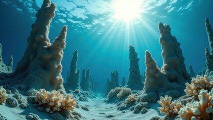 Fototapeta premium Underwater view of coral reef structures affected by bleaching with sunlight filtering through water 