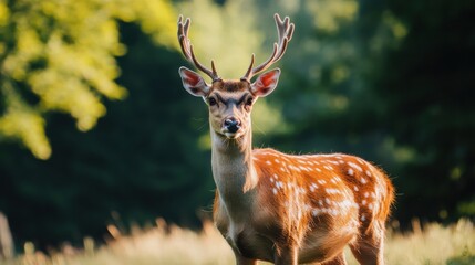 Fototapeta premium Majestic deer stands proud in a lush green meadow during a warm afternoon in a serene forest. Generative AI