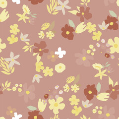 A seamless floral pattern featuring blooms and leaves on a coral pink background. Flower vector illustration