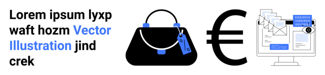 Handbag with tag, euro currency symbol, desktop with invoices and documents. Ideal for e-commerce, online shopping, finance, retail business, global economy, payment systems flat landing page banner