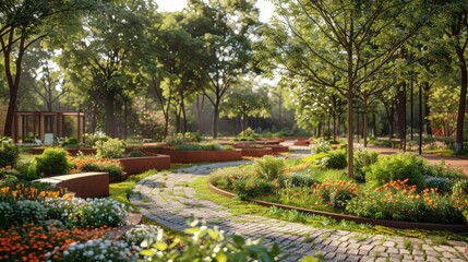 Naklejka premium Serene Natural Landscape with Winding Pathway and Vibrant Flower Beds in a Lush Park Setting